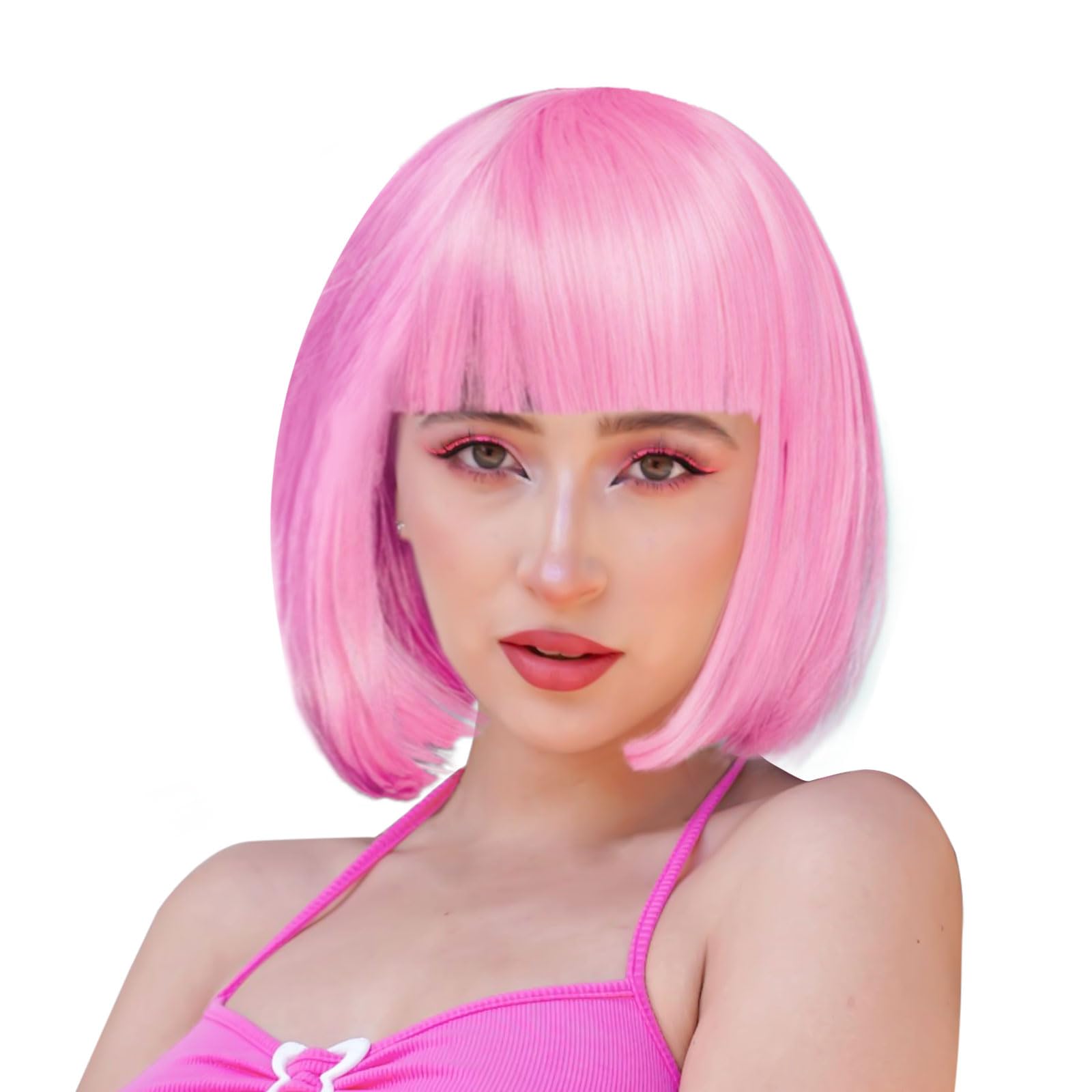 EUPSIIU Partyrama Peach Pink Bob Wig Classic Neon Short Bob Cosplay Hairpieces for Bachelorette Neon Party Favors Costume Colorful (Pink)