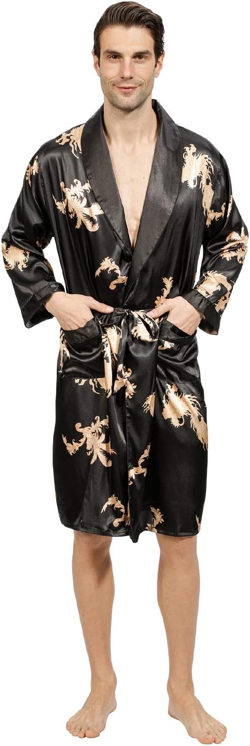 Mens Satin Robe Lightweight Silk Spa Bathrobe with Shorts Nightgown Long Sleeve House Kimono Printed Bathrobe Set