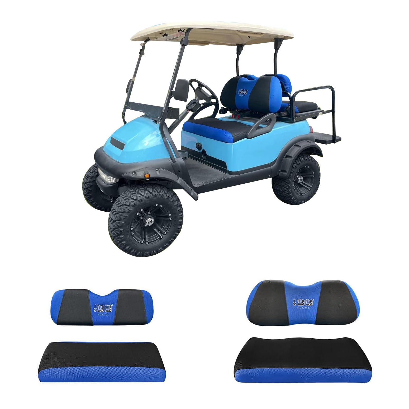 Photo 1 of 10L0L Golf Cart Front and Rear Seat Cover Set for Club Car DS/Precedent/Onward/Tempo & Yamaha G29 /Drive 2,Stylish 4 Passenger Front Back Seat Covers,Breathable Washable Polyester Mesh (Black/Blue)