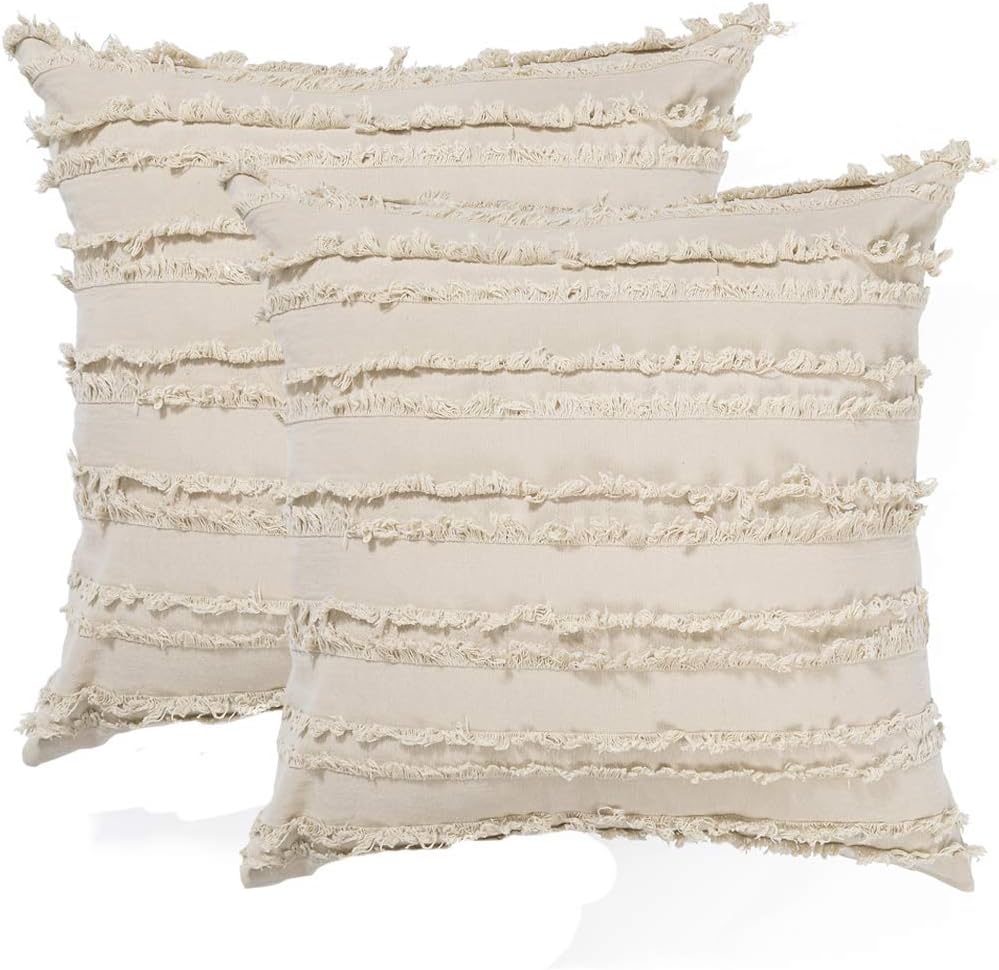 Decorative Throw Pillow Covers for Couch Sofa Bed, Soft Cotton Linen Cushion Covers with Decor Fringe, Accent Pillow Cases for Bed, 18 x 18 Inches, Pack of 2, Khaki