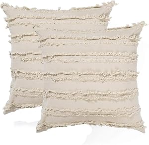 Decorative Throw Pillow Covers for Couch Sofa Bed, Soft Cotton Linen Cushion Covers with Decor Fringe, Accent Pillow Cases for Bed, 18 x 18 Inches, Pack of 2, Khaki