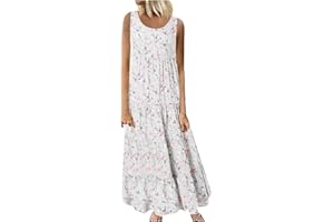 IEPOFG 2023 Women Summer Dress Sleeveless Cotton Linen Maxi Dress Casual Round Neck Floral Printed Flowy Boho Long Dresses