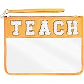 Hmxpls Chenille Letter Bag, Nylon Clear Cosmetic Bag with Zipper, Makeup Travel Pouch for Women Girls Gift (Yellow-TEACH)