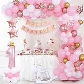 First Birthday Decorations for Girl, Pink Balloon Arch Kit, Happy Birthday Banner Number 1 Crown Rose Gold Balloons for Baby Girl Daughter 1st Birthday Party Decoration