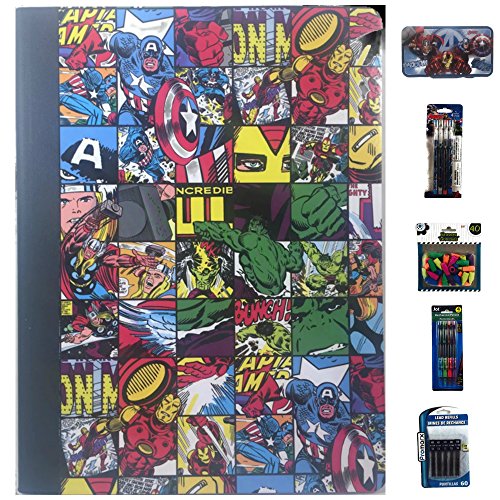 Avengers School Supply Bundle Includes Avengers Composition Notebook, Avengers Tin Pencil Box, 1 Avengers Pack of Pop-up Pencils, Pack of Eraser Tops, Pack of Mechanical Pencils, Pack of Lead Refills