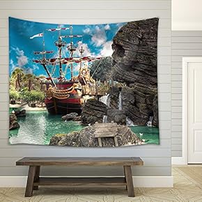 Pirate Ship in The Backwater of Tropical Pirate Island, with Big Rock in Form of Skull Near It - Fabric Wall Tapestry Home Decor - 51x60 inches
