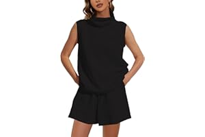 Meladyan Women 2 Piece Tracksuit Turtleneck Sleeveless Vest Tank High Waist Drawstring Shorts with Pockets Trendy Outfits