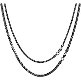 FOSIR 2Pcs Black Flat Link Box Chain Necklace for Men, Stainless Steel Layered Chains for Men and Women, Hypoallergenic Stackable Mens Necklaces, 3mm/4mm/5mm/6mm Width