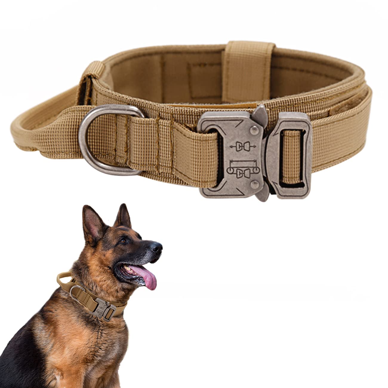 Tactical Dog Collar with Handle - Military Dog Collars Adjustable Training Collar Premium Nylon Dog Collar Heavy Duty Metal Buckle Collar for Medium Large Dogs (L, Brown)