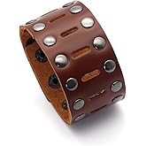 Fusamk Punk Rock Double Row Rivets Wristband Hollow Wide Leather Cuff Bracelet