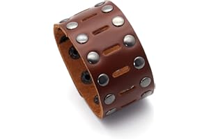 Fusamk Punk Rock Double Row Rivets Wristband Hollow Wide Leather Cuff Bracelet