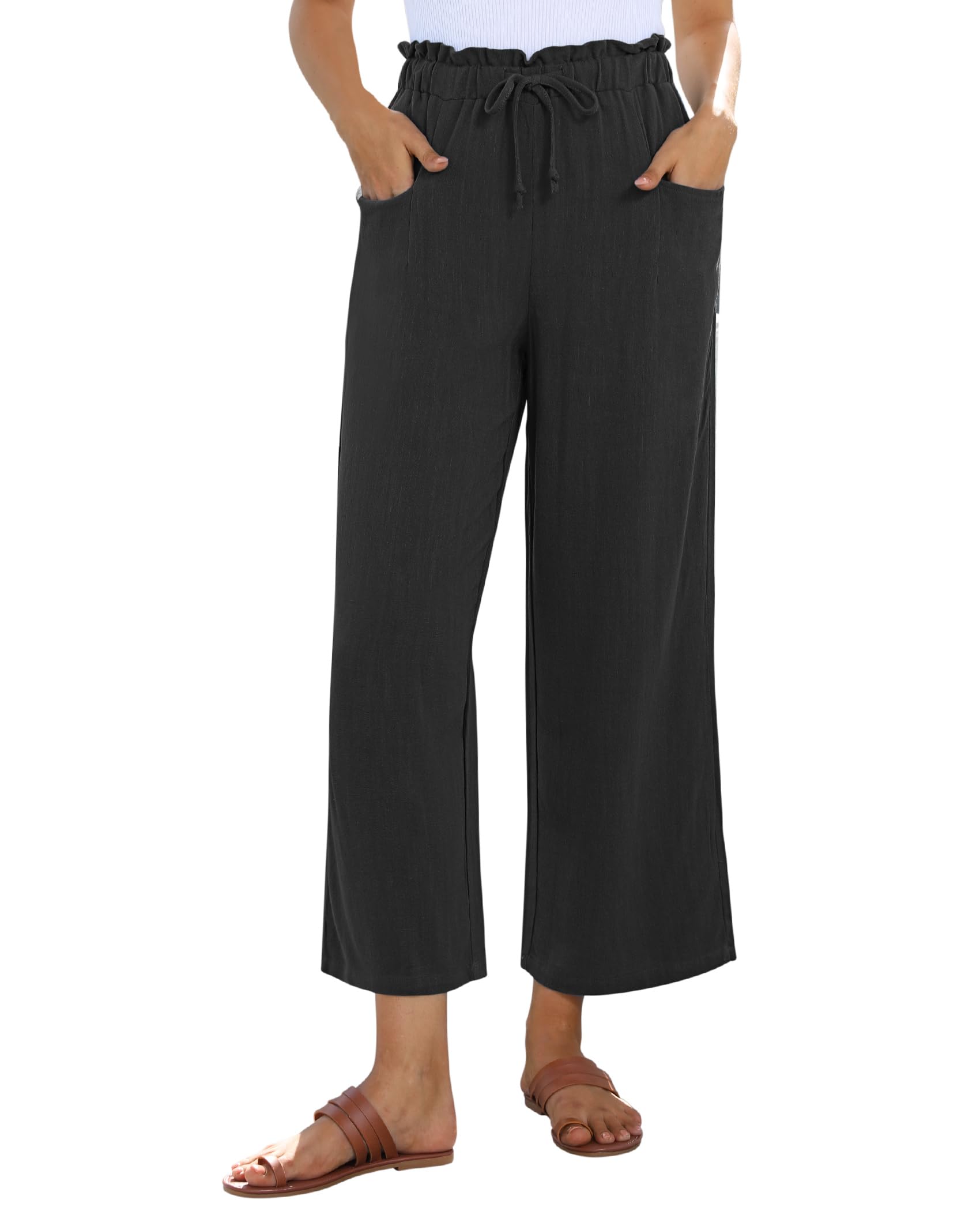 Photo 1 of *****2XL*****siliteelon Wide Leg Linen Pants for Women Summer Capri Palazzo Flowy Pants Casual Loose High Waist Trousers with Pockets Black