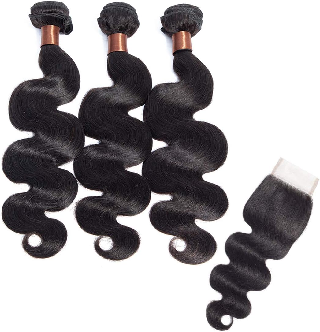 BLACKMOON HAIR Brazilian Virgin Human Hair Body Wave 3 Bundles With Free Part Lace Closure Unprocessed Virgin Human Hair Extensions Hair Weave Natural Black Color (14 16 18 + 12 Inch Closure)