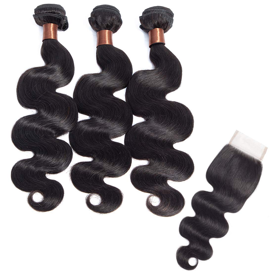 BLACKMOON HAIR Brazilian Virgin Human Hair Body Wave 3 Bundles With Free Part Lace Closure Unprocessed Virgin Human Hair Extensions Hair Weave Natural Black Color (14 16 18 + 12 Inch Closure)