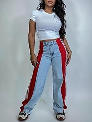 Angsuttc Womens Jeans with Patchwork Stripes High