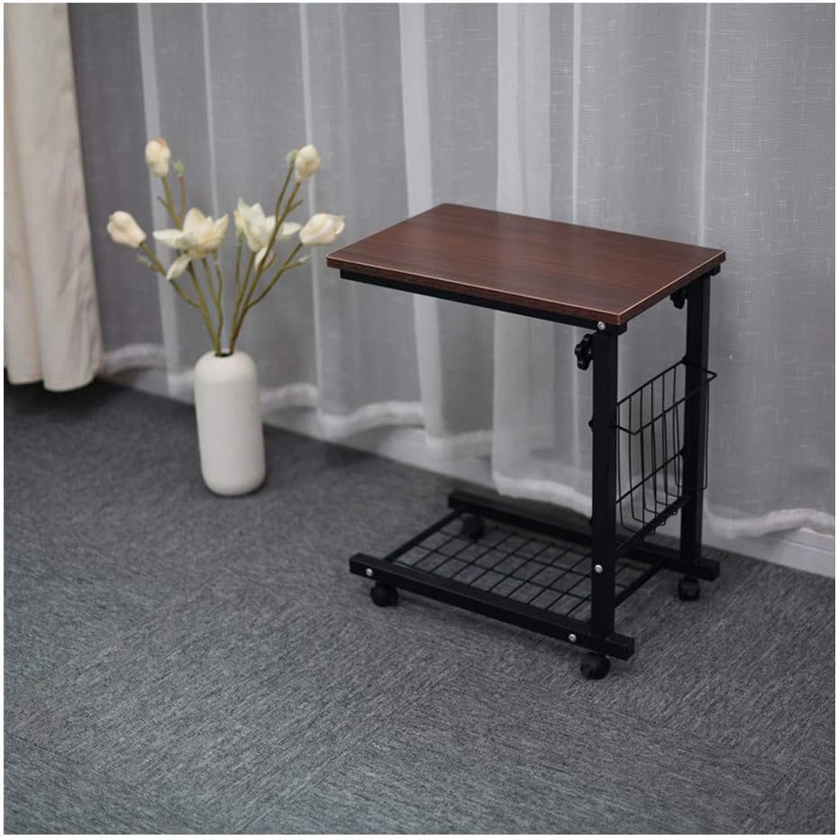 ZGstore End Tables Wheel Mobile, Height Adjustable Sofa Side Table with Storage Basket, Coffee Table Living Room, Bedroom, Sitting Room Home Furniture (18.9x11.8x22-29.9 Inches) (Brown)