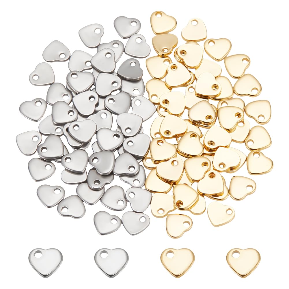UNICRAFTALE about 100pcs 2 Colors Flat Heart Charms Tiny Love Pendant Stainless Steel Charm Metal Pendants 1mm Small Hole for Valentine Gifts DIY Jewelry Findings Making 6mm Wide