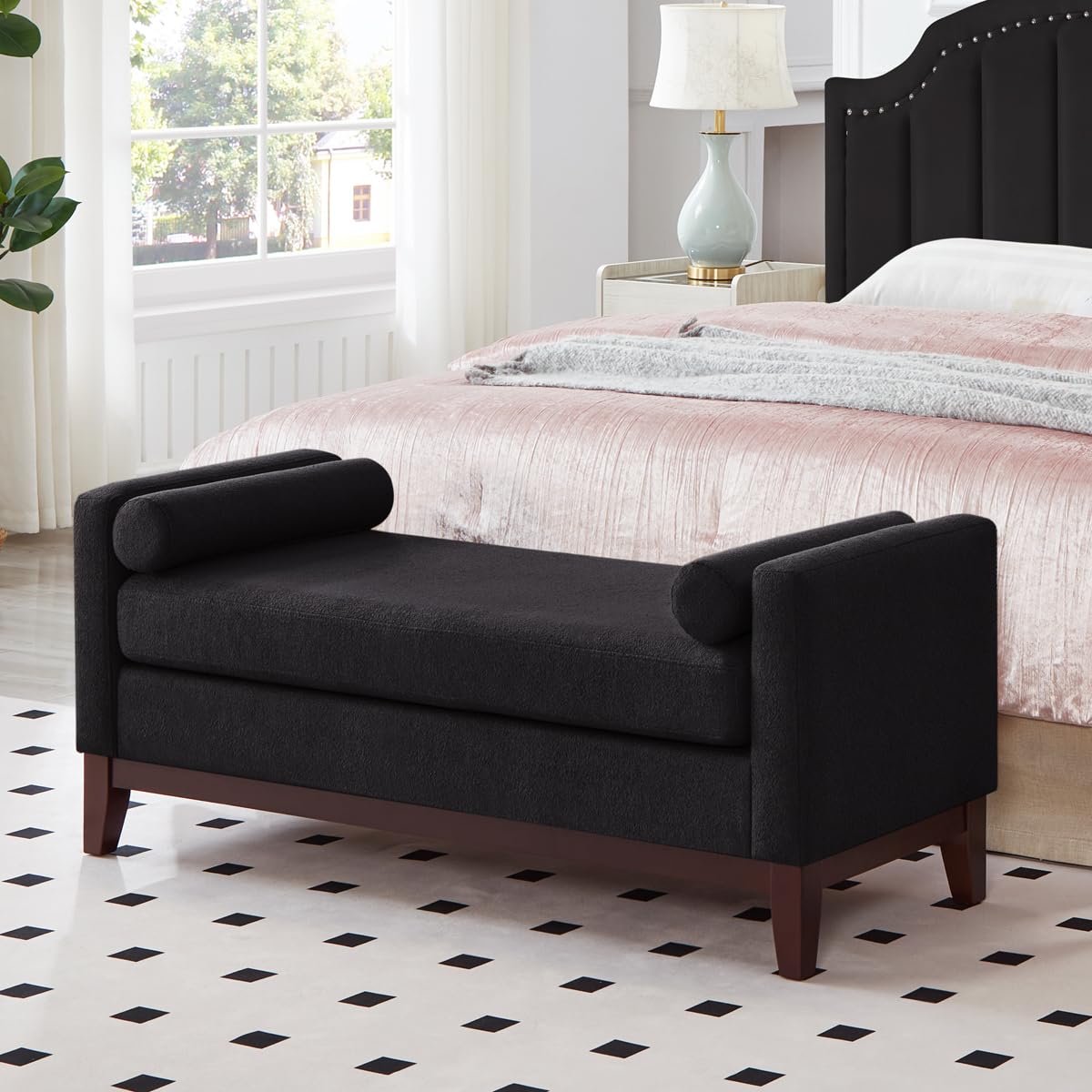 Photo 1 of ** USED ** 24KF Large Upholstered Boucle Fabric Ottoman with Pillows,Comfort Padded Window Bench for Living Room,Entryway Bench,5095-Black