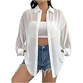 Milumia Women Plus Size Sheer Button Down Top Sheer Long Sleeve See Through Blouse Shirt