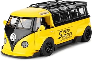 BDTCTK 1/32 Volkswagen Bus Transporter Model Car with Surfboards Convertible Camping Van, Zinc Alloy Pull Back Toy car with Sound and Light for Kids Boy Girl Gift(Yellow)