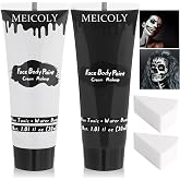 MEICOLY Black White Face Body Paint with Sponges,Water Based Face Paint for Adults Kid,White Face Paint,Face Painting for Clown Makeup,Halloween SFX Skull Zombie Skeleton Mime Goth Makeup Corpse Paint