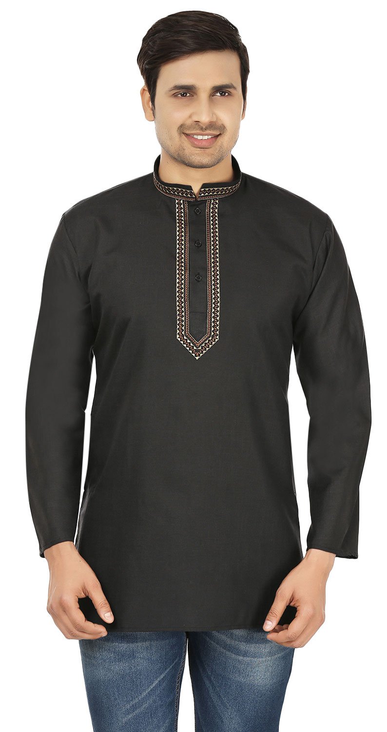 Indian Clothing Fashion Shirt Men's Embroidered Short Kurta Cotton