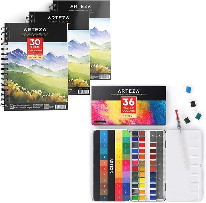 ARTEZA Watercolor Pads Pack and Watercolor Paint Set