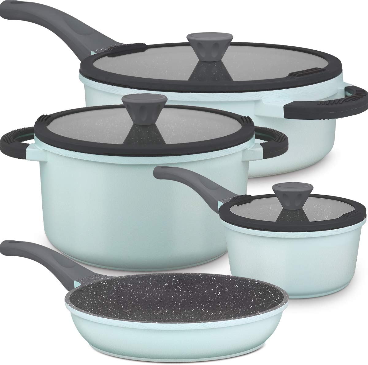 Lightning Deal Pots and Pans Set, Multilayer Granite Non-Stick Coating from Germany, luxurious Stone Induction Cookware Set with Silicone Handles, Dishwasher Safe, PFOA Free, Celeste, 7-Pieces Set