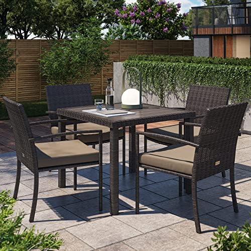 BELLEZE 5 Piece Rattan Patio Set, Slatted Wicker Dining Table and