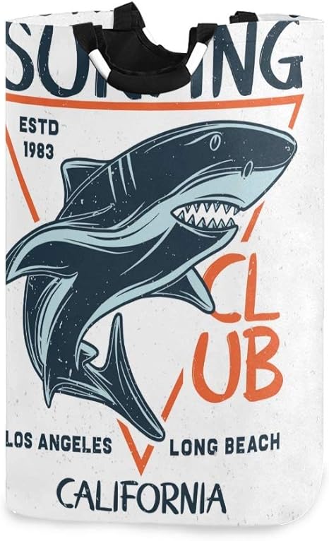 Amazon Co Jp Bohomonos ランドリーバッグ 手描きイラストサメサーフィンテーマ 大容量 取っ手付き 折りたたみ式 防水 雑貨整理 収納便利 ランドリーかご 収納ボックス ランドリー収納 32 28 57 5cm ホーム キッチン