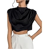 SweatyRocks Women's Satin Crop Tops Ruched Mock Neck Cap Sleeve Elegant Blouse Shirt