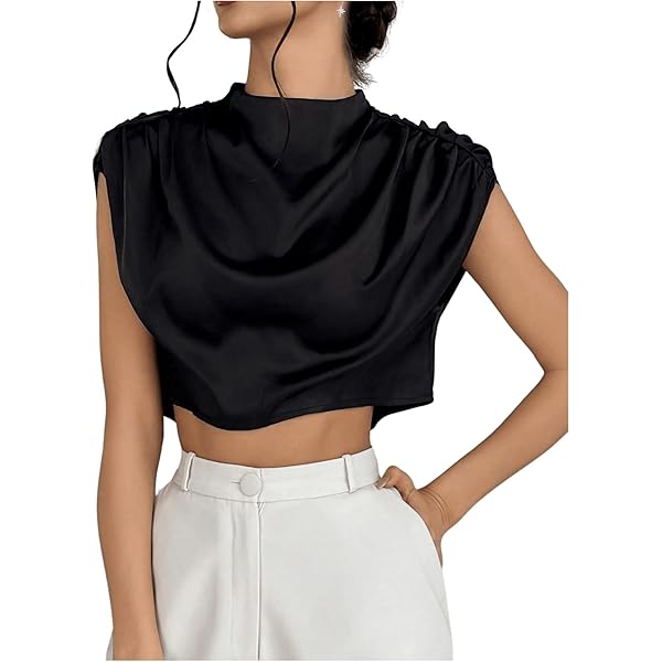 Amazon.com: OYOANGLE Women's Satin Crop Top Mock Neck Satin Blouse
