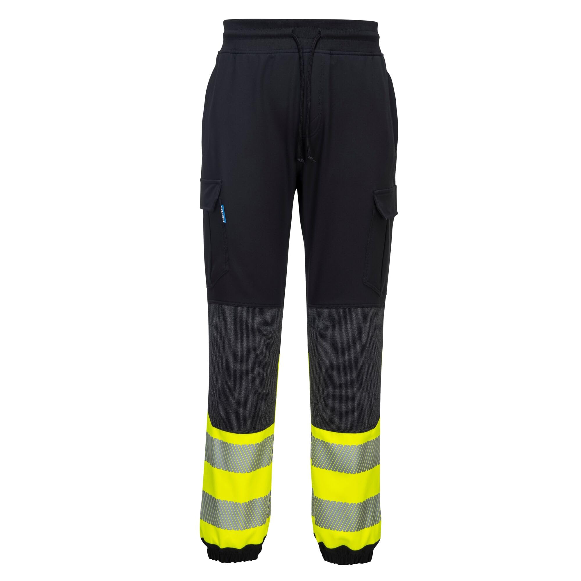 Portwest PW3 Hi-Vis Flexi Joggers Work Trousers 4-Way Stretch Slim Fit Jogging Bottoms Reinforced Knees Reflective Tape Workwear Pants Multi-Pocket Elastic Waist, Black/Yellow, XL