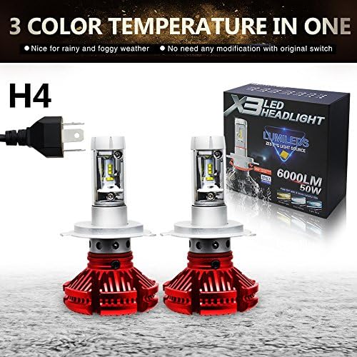 Jiuguang 9005/9006/H4/H11 LED Headlight Bulbs X3 Version ZES Chip 2nd Generation -50W 12000LM/pair IP68 200m Range Hi/Lo Beam (H4, Red)