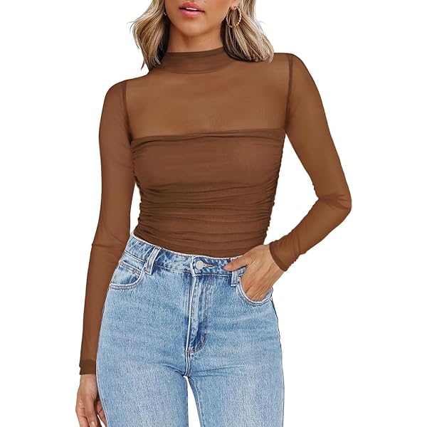 Amazon.com: Zeagoo Women's Mesh Long Sleeve Tops Mock Neck Ruched