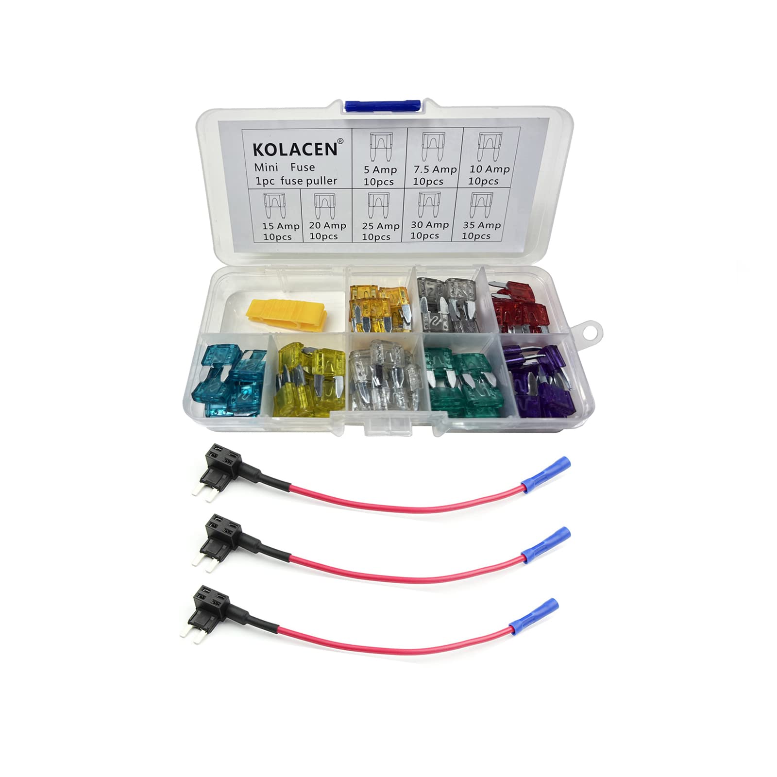 KOLACEN Automotive Car Regular Standard Blade Type Fuse Assorted Kit 81 Pieces + 3 Pieces 16 Gauge Add-a-circuit Standard Fuse TAP Adapter