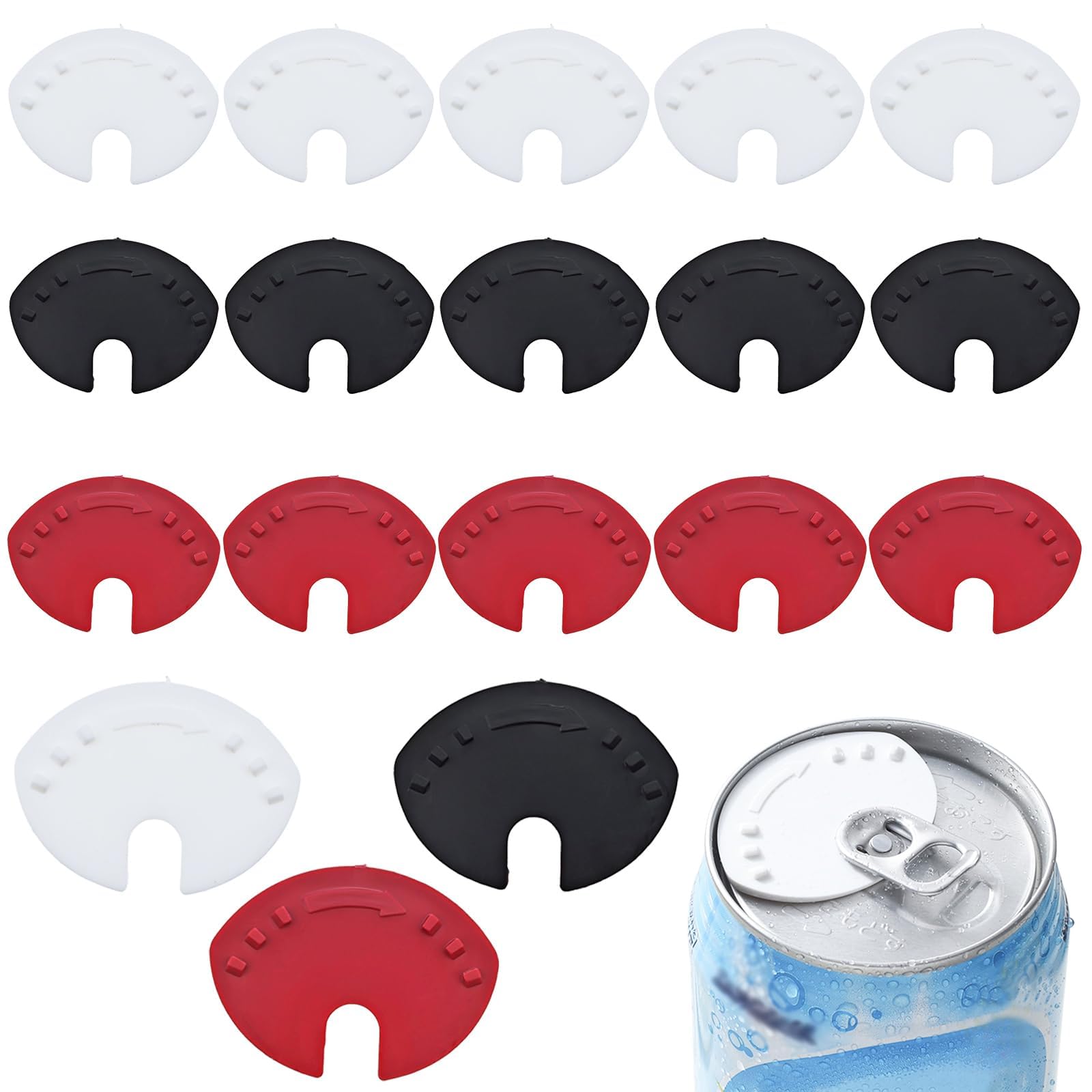 Qusmeiyici 18PCS Soda Can Covers Lids, Plastic Can Covers, Spill Guard for Beer, Juice, Soda and More (Black, White, Red)