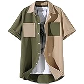 Floerns Men's Color Block Short Sleeve Collar Neck Button Down Shirt Top