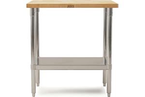 John Boos Maple Wood Top Work Table, 36”x24”x36” – 1.5” Thick Tabletop, 68-lb Kitchen Station with Wooden Edge-Grain Table & 
