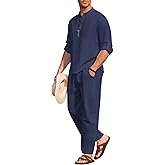 COOFANDY Men's 2 Pieces Cotton Linen Set Long Sleeve Henley Shirts Casual Beach Pants With Pockets Summer Yoga Outfits