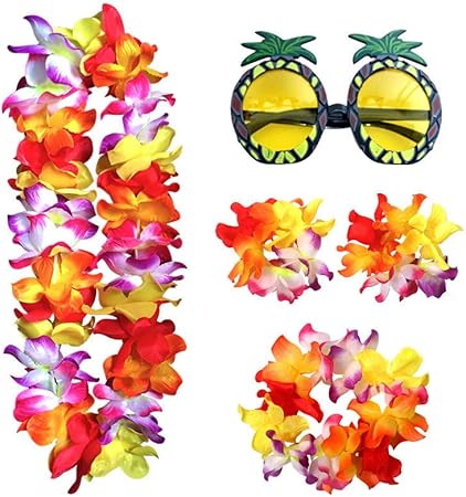 Amazon Kingsie ハワイ レイ 5点セット パイナップル柄 サングラス ハワイアン 夏 トロピカル カラフル ガーランド 造花 花輪 写真撮影 パーティー 装飾 造花 通販