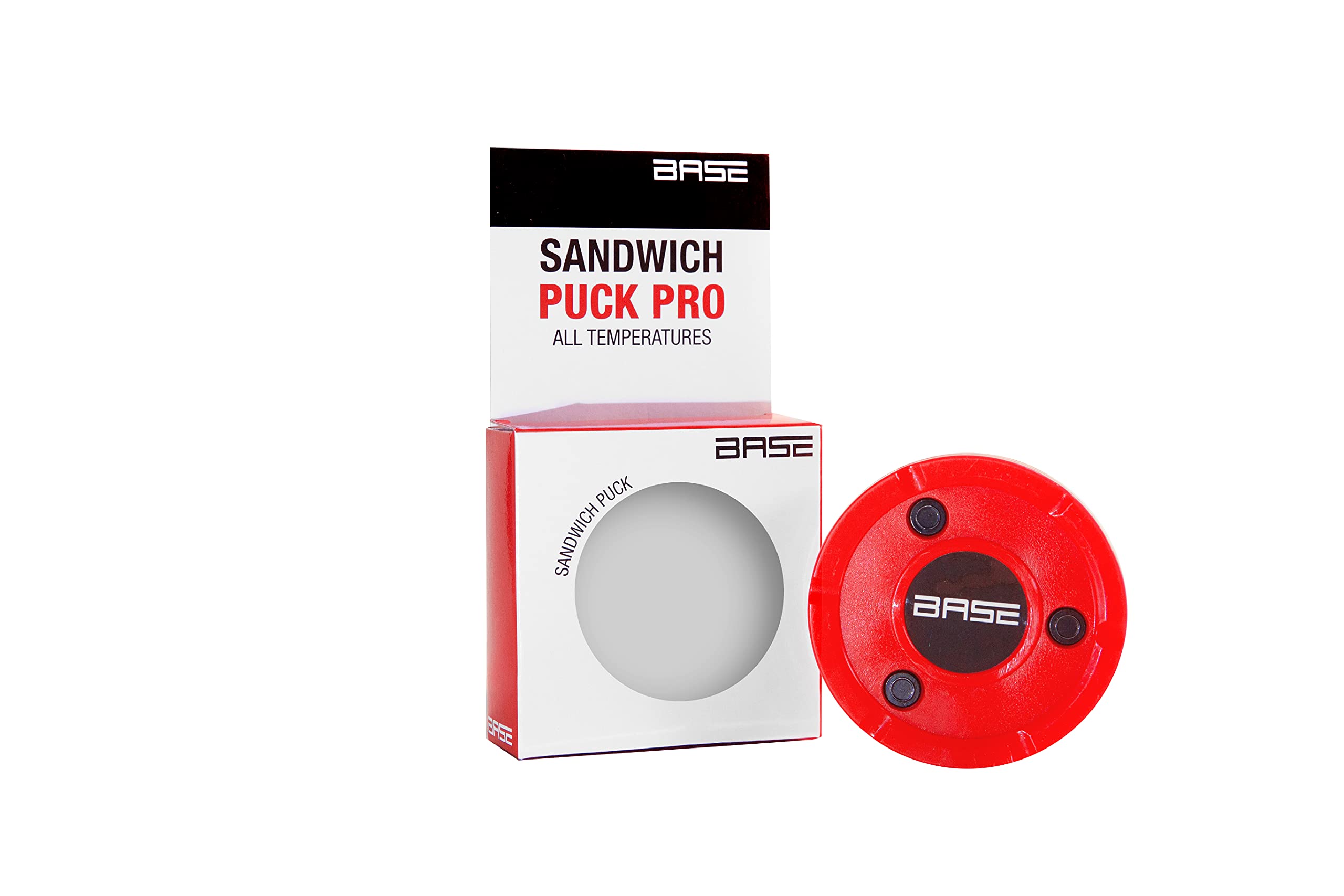 BASE Sandwich Puck Pro, Embroidery Handling & Training Puck, Good Gliding Properties, For All Temperatures, Inline and Street Hockey, 120 g, Red