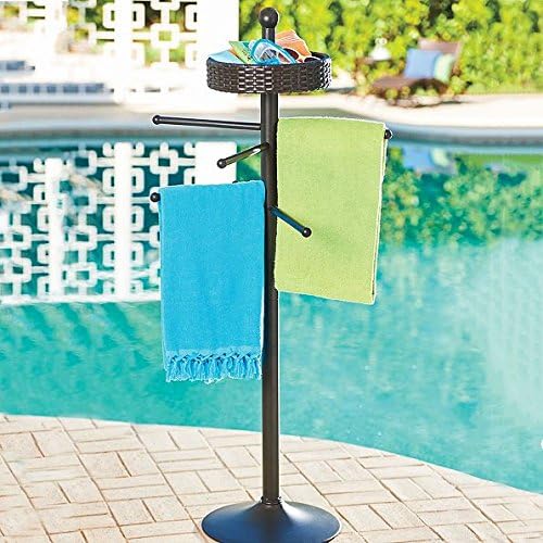 Brown Modern Resin Wicker Freestanding Towel Bar | Perfect Stylish Organizer For Your Towels, Bathing Suits, Sunglasses, Goggles &amp; Essentials To Tidy Up Your Pool Area