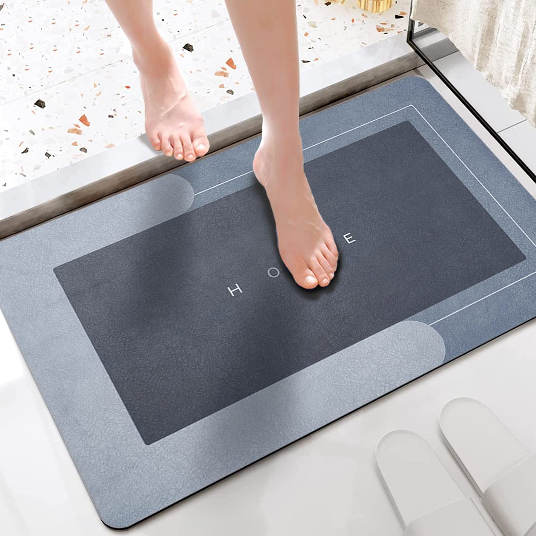 ROFMAPLE Bath Mat, Water Absorbent Non-Slip Bathroom Mat, Washable Quick Dry, Rubber Backing Carpet for Bathroom Floor, Bathtub, Shower Room, 40 x 60cm, Blue