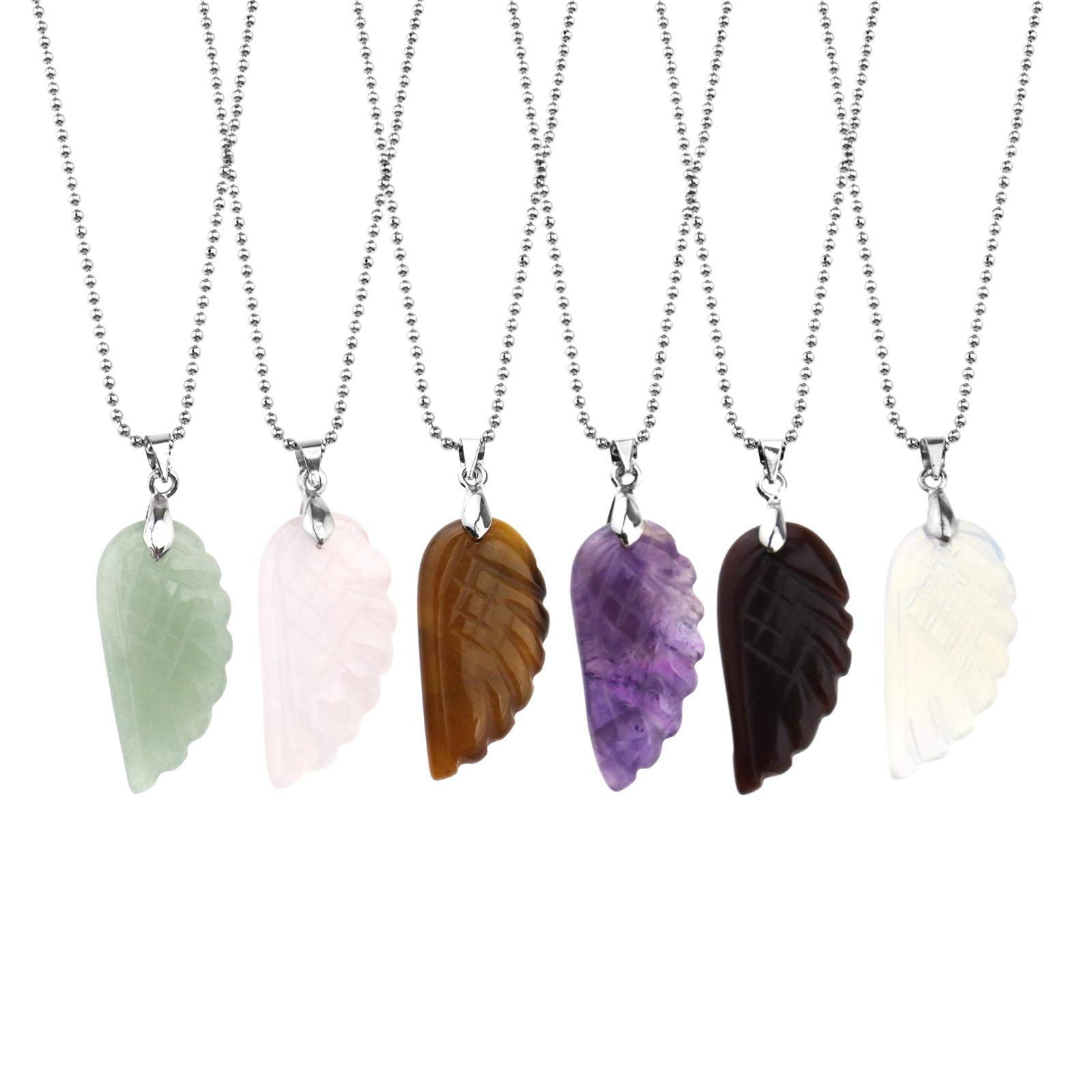 Create idea 6Pcs Natural Stone Angel Wings Pendant with 6Pcs Chain Necklace Set Mixed Color Jewelry Carved Gemstone Charm