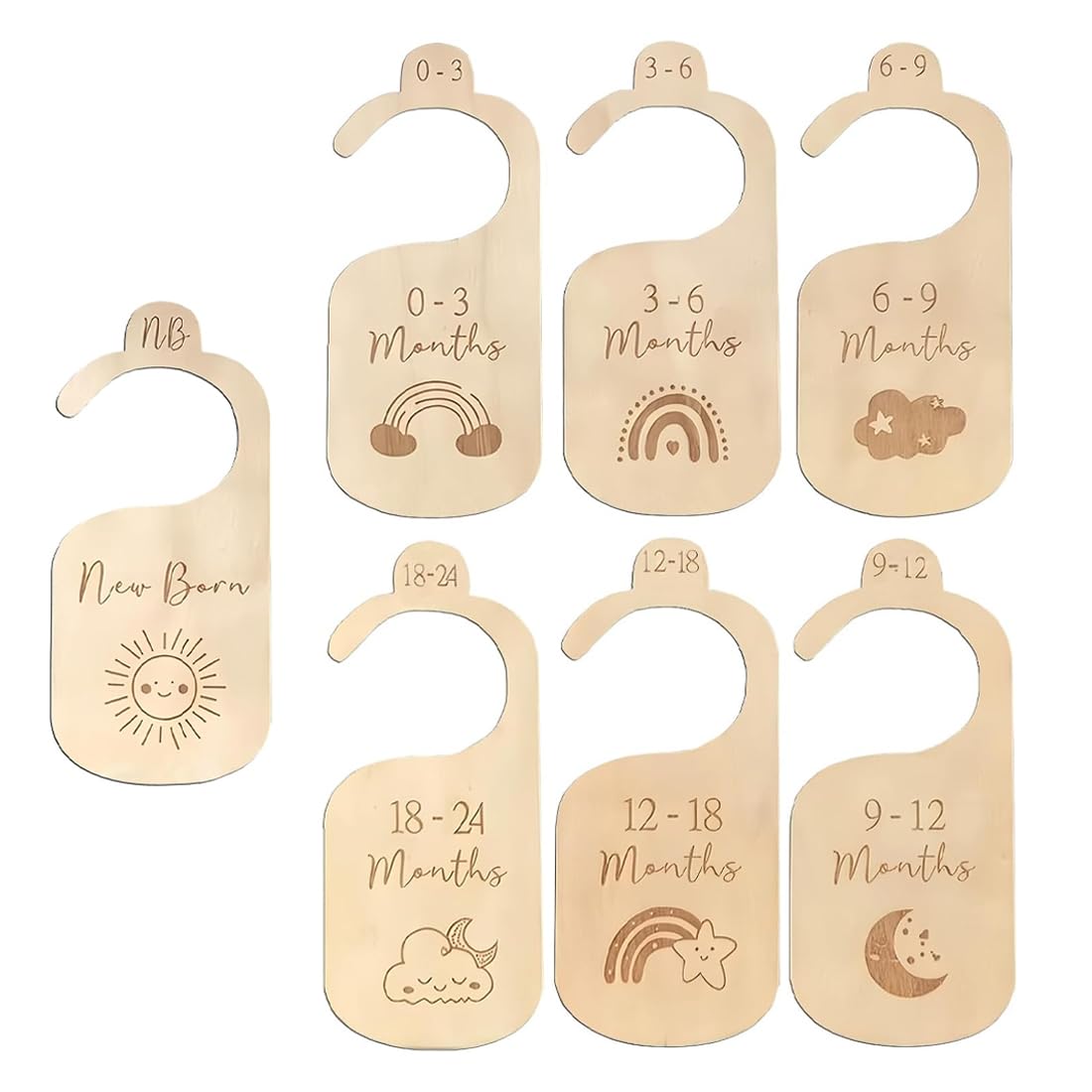 XUKZIMA 7 Pcs Wood Nursery Wardrobe Dividers by Size Age Hanger Divider Closet Clothes Organiser Labels Wardrobe Separators for Newborn Gifts Baby Shower Expecting Mothers Girl Boy Elephant