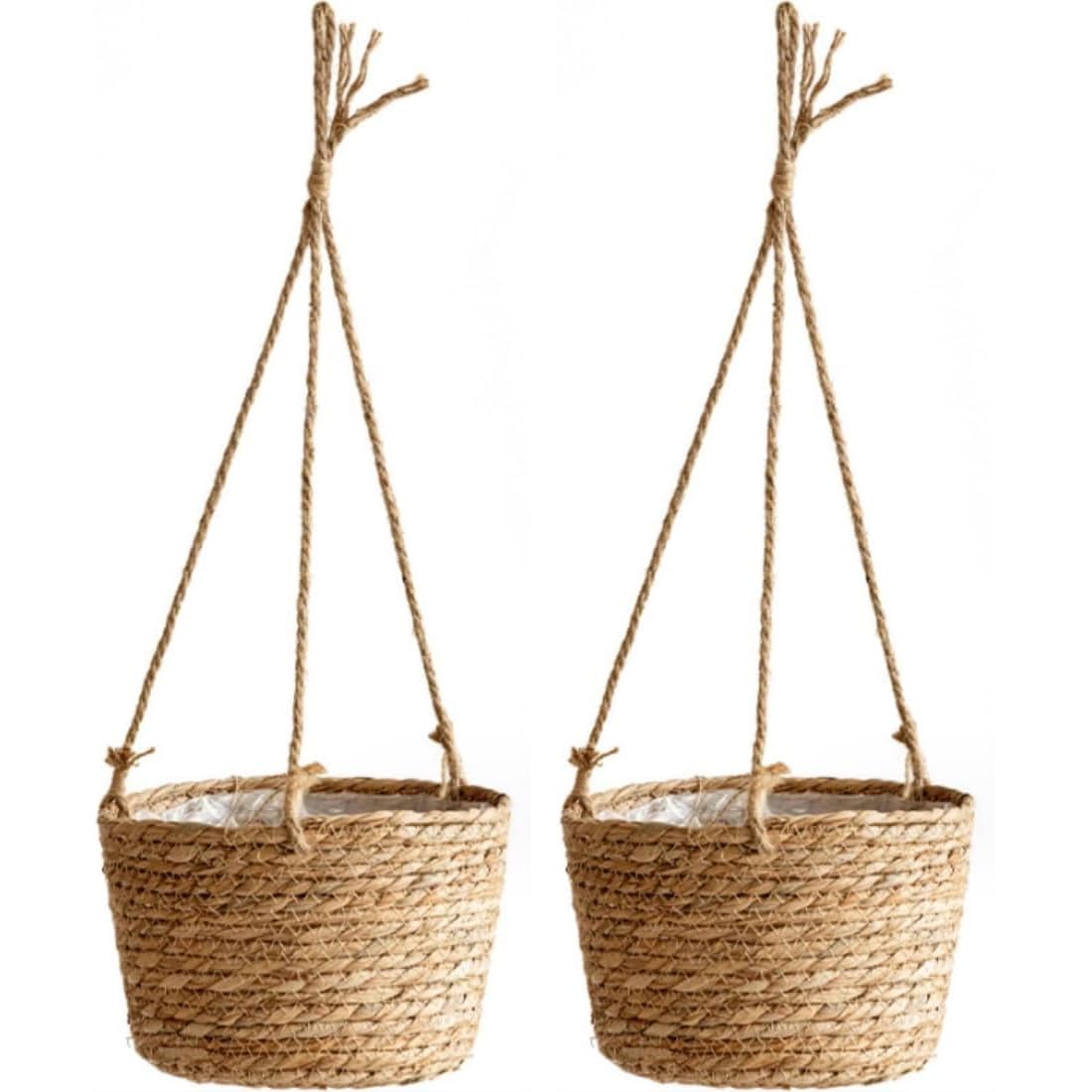 PEIQICHU 2 Pieces Hanging Plant Baskets Hang Pots Handmade Nature Hanging Flower Holder with Long Rope & Hooks Indoor Outdoor Decorative Planter Hanger Wicker Macrame Seagrass Plant Pot