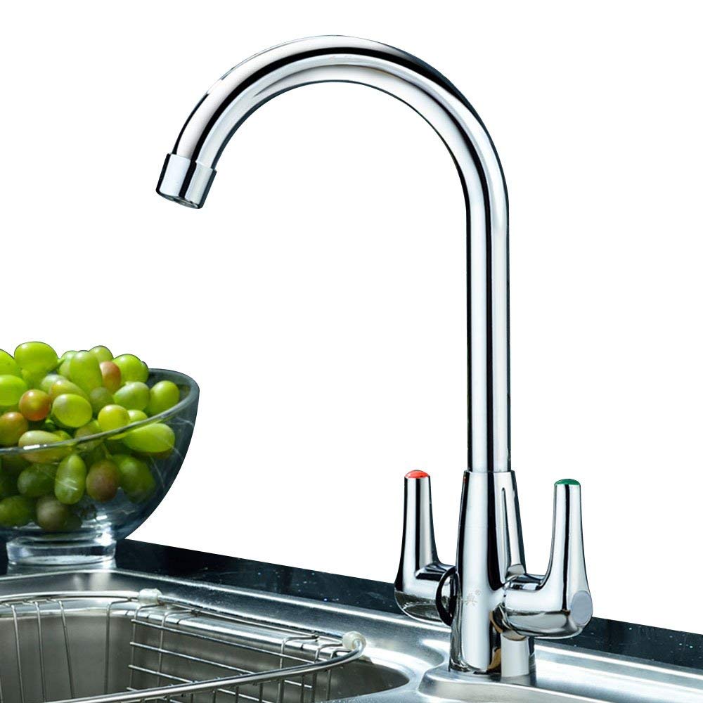 EVERGD Modern Chrome Finish Double Handle Swivel Spout Kitchen Sink Mixer Tap Solid Brass Mixer Sink Tap