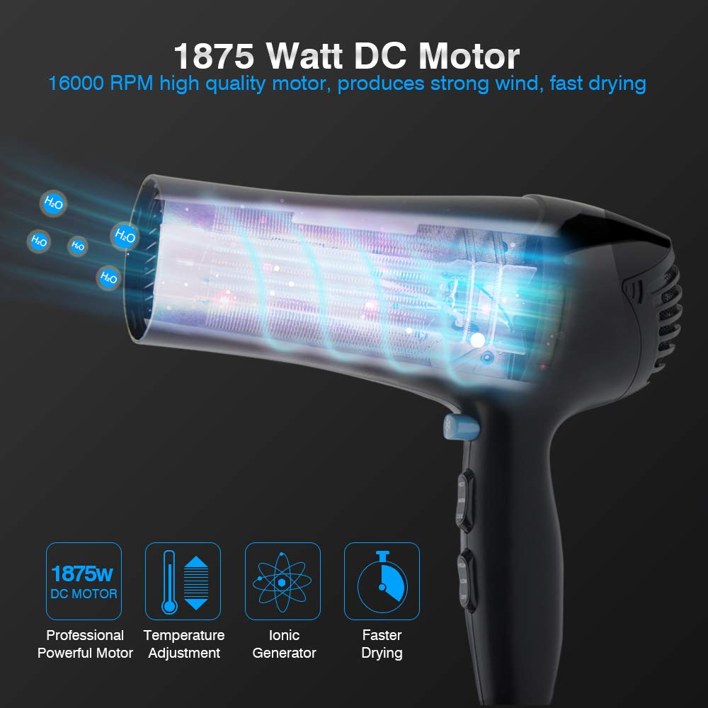 Professional Hair Dryer ZOOMMATE 1875W DC Motor Negative Ions Blow Dryer, with Concentrator & Diffuser,2 Speed & 3 Heat Setting, Safety Protection, ETL Certified