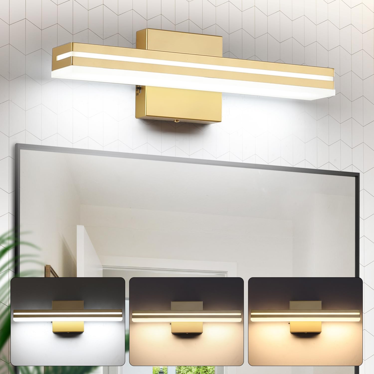 Photo 1 of SineRise LED Modern Bathroom Vanity Light Fixtures (16-Inch, 3000K/4000K/6000K, Dimmable), Gold Modern Acrylic Bathroom Wall Lighting Fixtures Over Mirror